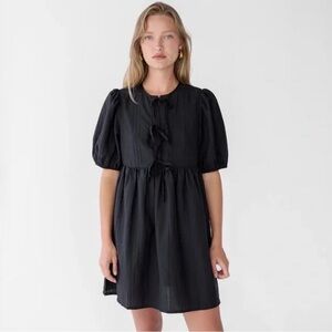 OAK + FORT Black Puff Sleeve Tie-Front Babydoll Mini Dress Medium